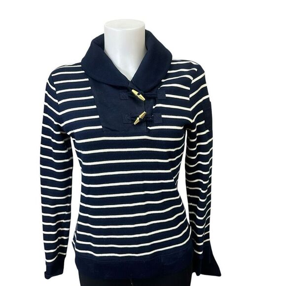 Ralph Lauren Nautical Cowl Neck Toggle Accent Striped Blue & White LS‎ Top sz XS - Picture 1 of 8